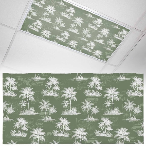 Green Retro Tropical Fluorescent Light Covers Palm Trees Old Newspapers Summer Plant Magnetic Light Filters Ceiling Lighting Panel Shade for Classroom Office Home 2 x 4 ft, 1 Pack