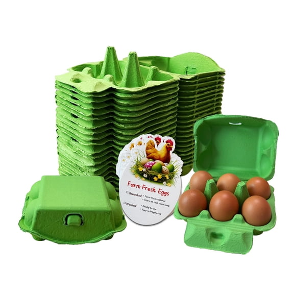 Green Reusable Egg Cartons, 20 Pack Half Dozen Paper Pulp Containers with 50 Handling Instruction Cards, Perfect for Farm Fresh Chicken Eggs Storage Easter
