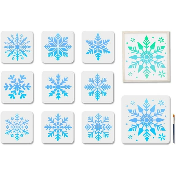 Green Reusable Snowflake Stencil Set - 10 Winter Holiday Patterns in 7.8x7.8 11.8x11.8 Inch with Paint Brush for Windows Wood Walls Home Decor Crafts