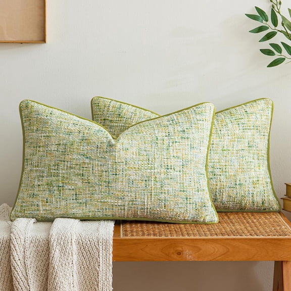 Green Reversible Pillow Covers 2 Pack - Farmhouse Chenille Throw Pillows, Neutral Textured Decorative Throw Pillow Covers with Border for Couch Sofa Bed (12x20 Inch, No Insert)