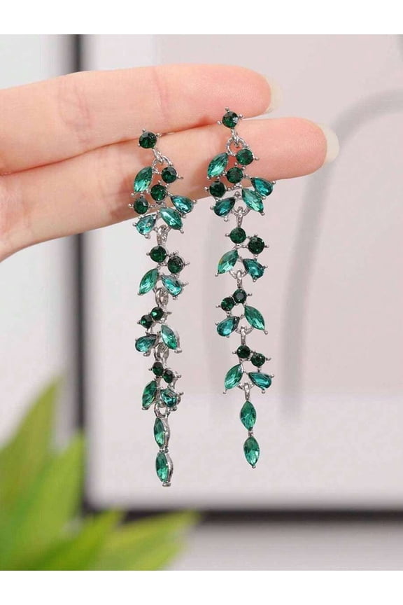 Green Rhinestone Leaf-Cluster Long Dangle Earrings For Women