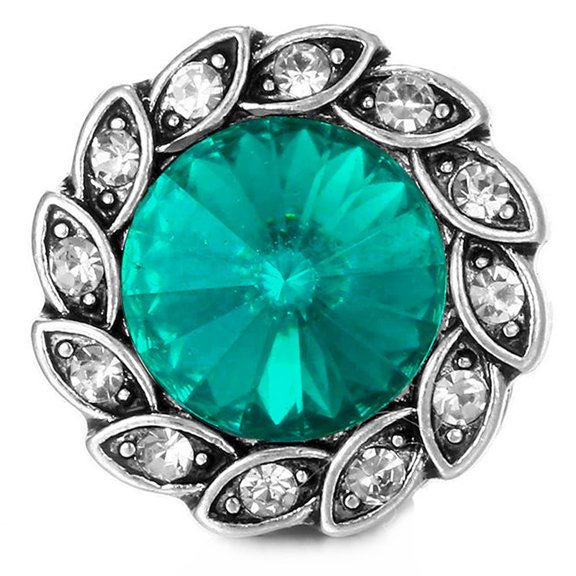Snap Jewelry 18MM Green Faceted Rhinestone Ginger Charm with Silver Leaf Accents