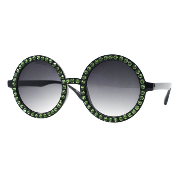 Green Rhinestone Sunglasses Womens Round Circle Black Frame UV 400