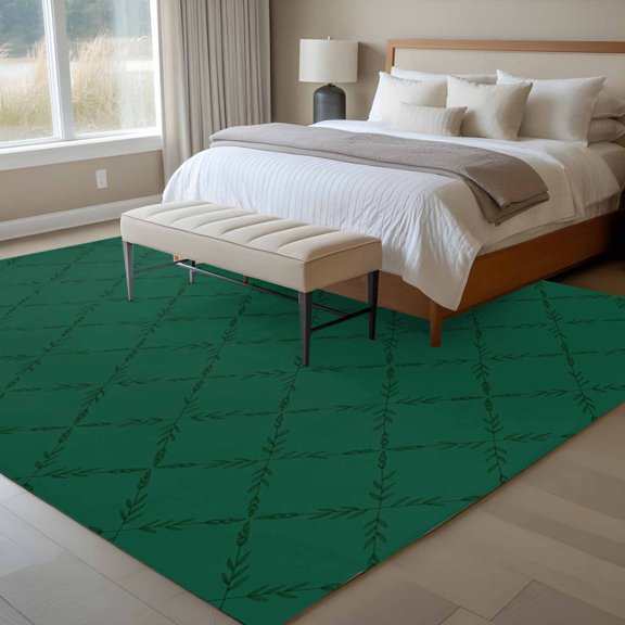 Green Rhombus 6x9 Rug for Dining Room Table and Chair Setup, Modern Green Plaid Abstract Geometric Diamond Lattice Low Pile Washable Non Slip Rectangle Area Rug