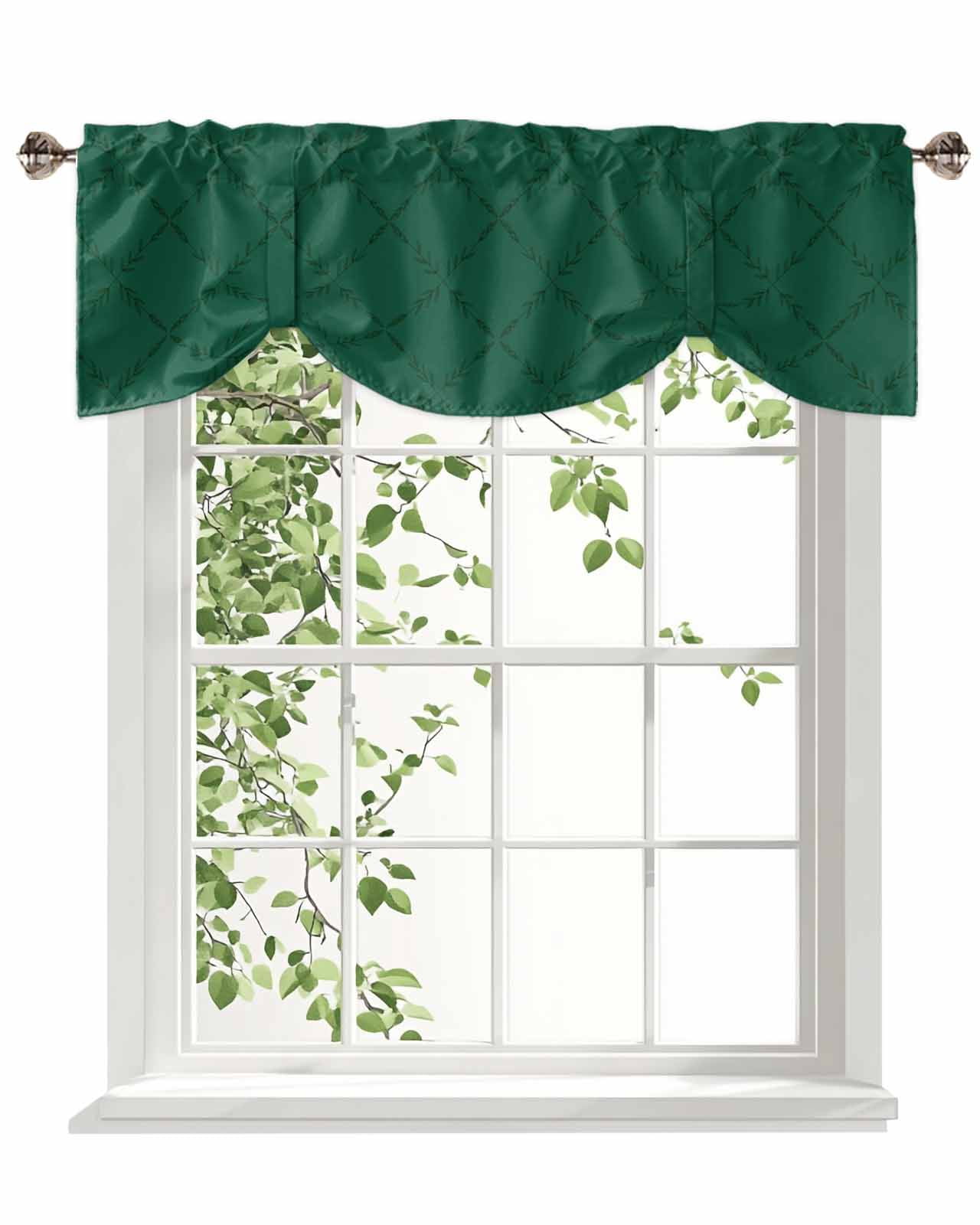 Green Rhombus Tie Up Valances Curtain, Adjustable Kitchen Modern Green Plaid Abstract Geometric Diamond Lattice Valances for Windows Decor, Rod Pocket Short Curtains Set for Bedroom/Bathroom, 54"x18"