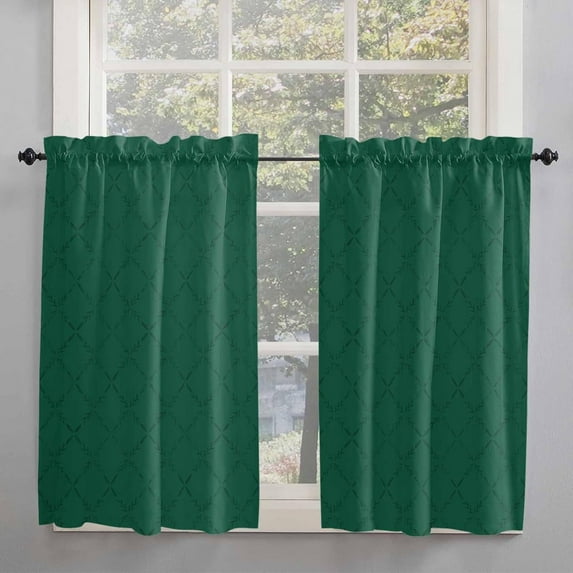 Green Rhombus Window Short Curtains 63 Inch Length, Rustic Modern Plaid Geometric Rod Pocket Kitchen Window Treatments Drapes for Bedroom, Cafe, Living Room, 2 Panels, 52 W x 63 L