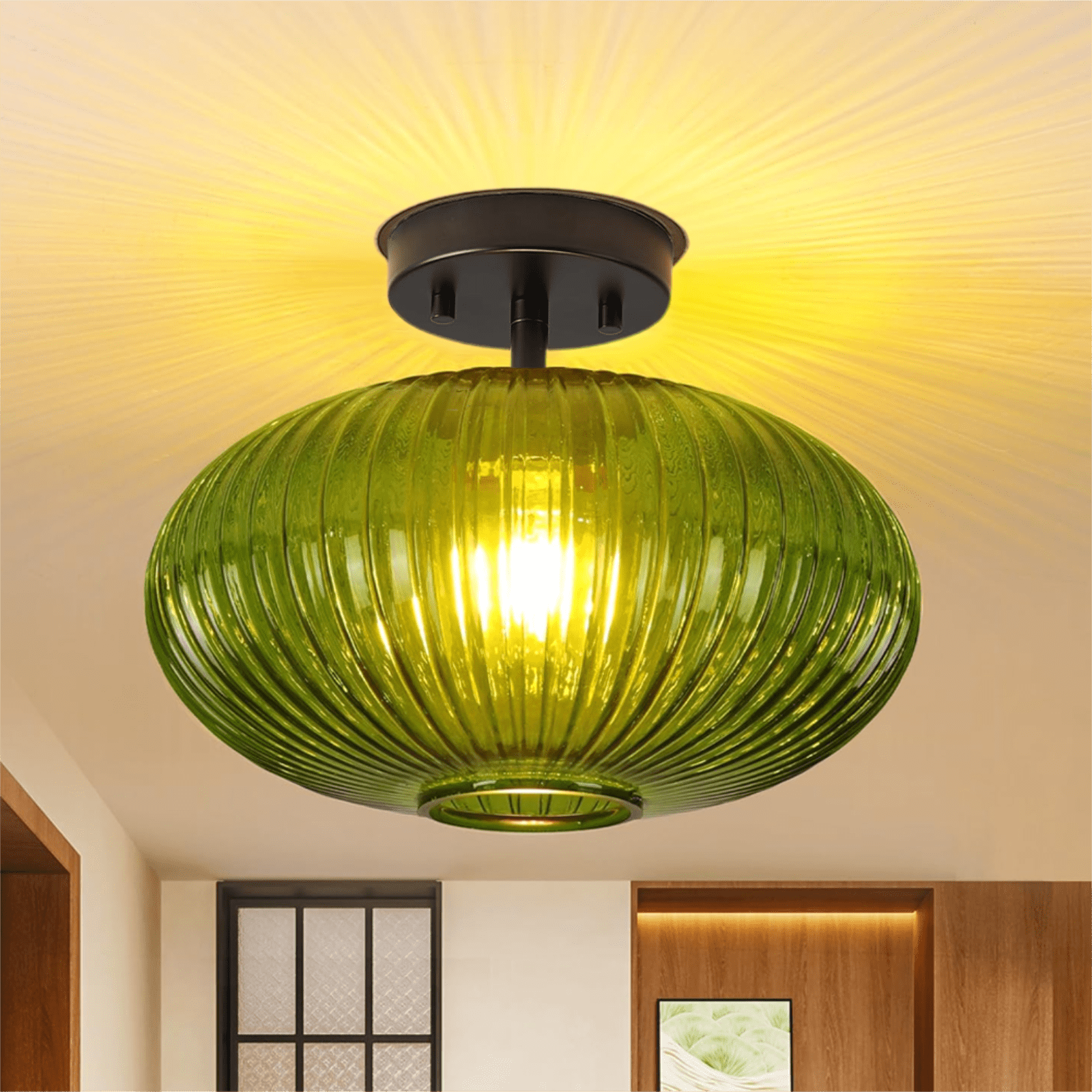 Green Ribbed Glass Semi Flush Mount Ceiling Light, E26 Base Close to Ceiling Fixture for Hallway, Bedroom & Kitchen