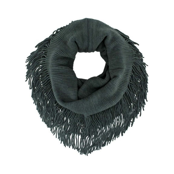 Green Ribbed Knit Infinity Scarf With Long Fringe
