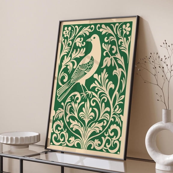 Green Rococo Bird Art Elegant Floral Baroque Decor Unframed Paper Print