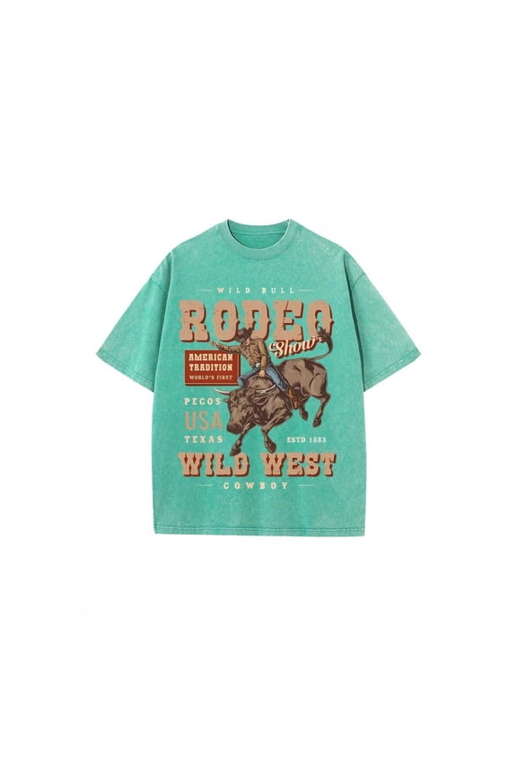 Green Rodeo Show Graphic Tee, Wild West Cowboy Print, Oversized Washed Cotton T-Shirt