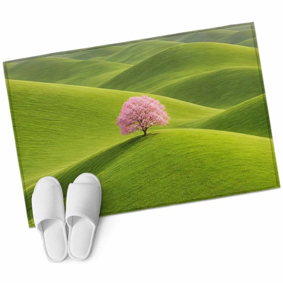 Green Rolling Hills Bathroom Rug Washable 2x3 Entryway Rug Non Slip Pink Tree Grass Natural Landscape Front Door Mat Low Pile Indoor Doormat Throw Floor Carpet for Kitchen Bedroom Entrance