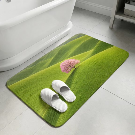 Green Rolling Hills Bathroom Rugs Non Slip Washable Bath Mat Absorbent Front Door Mat Pink Tree Grass Natural Landscape Indoor Doormat for Kitchen Entryway Shower Decor Accessories 15.7"x23.6"