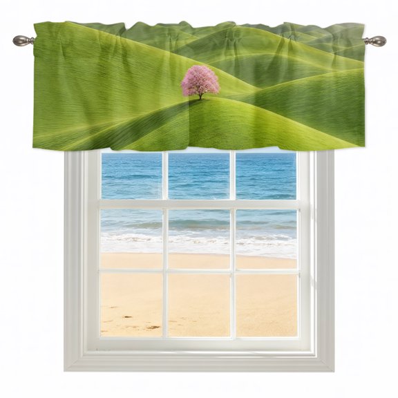 Green Rolling Hills Kitchen Valances for Windows 42x12 Inch Kitchen Curtains Valances Rod Pocket Pink Tree Grass Natural Landscape Bathroom Window Valances for Window Treatment Decor