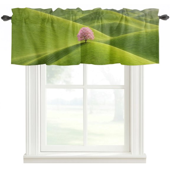 Green Rolling Hills Kitchen Valances for Windows, Pink Tree Grass Natural Landscape Bathroom Window Valances 42x18 Inch Rod Pocket Window Treatments Valance Curtains for Living Room Bedroom Decor