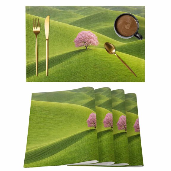 Green Rolling Hills Placemats Set of 1 Pink Tree Grass Natural Landscape Place Mats Indoor Wipeable Table Mats Washable Cloth Dining Table Placemats for Kitchen Holiday Party Home Decor 13x19 Inch