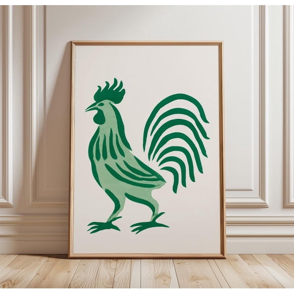 Green Rooster Print Farmhouse Bird Wall Art Minimal Nature Poster 1
