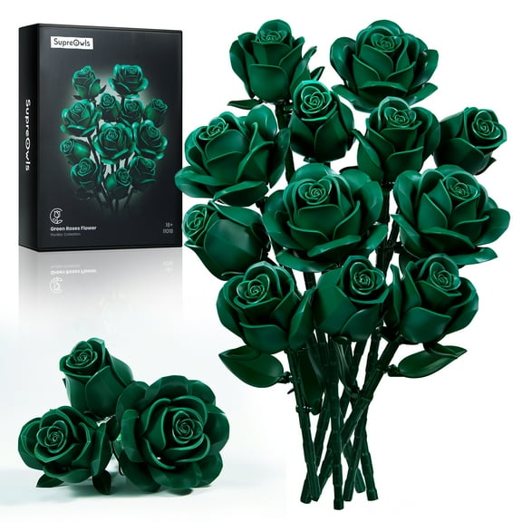 Green Rose Bouquet Building Set, Green Flowers for Adults Women, Botanical Collection Gift for Christmas & Valentines - Artificial Plant Gothic Home Decor