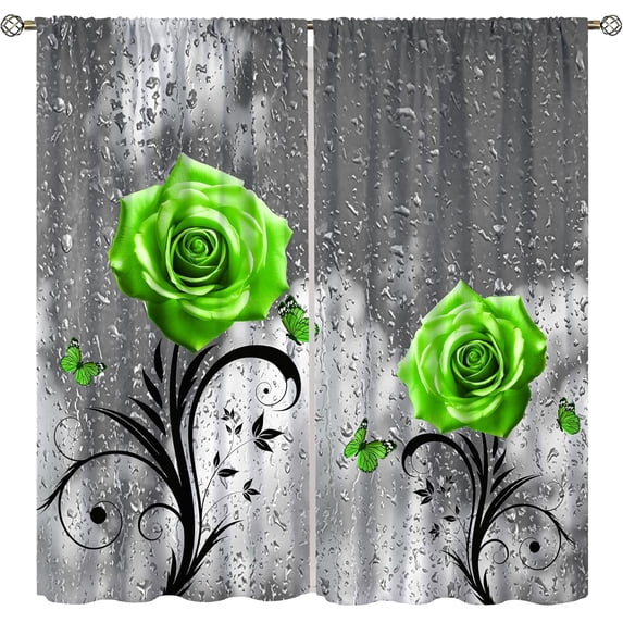 Green Rose Curtains, Fluorescent Green Raindrops Glass Butterfly Art Rose Flower Plant Blackout Windows Treatments, Thermal Insulated Drapes For Girls Women Bedroom Living Room Bathroom 84x84in