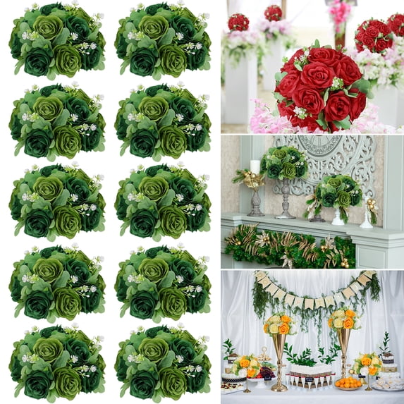 Green Rose Flower Balls -10pcs Romantic Plastic Artificial Flowers Realistic Flower Arrangement for Wedding Centerpiece Party Garden Decoration