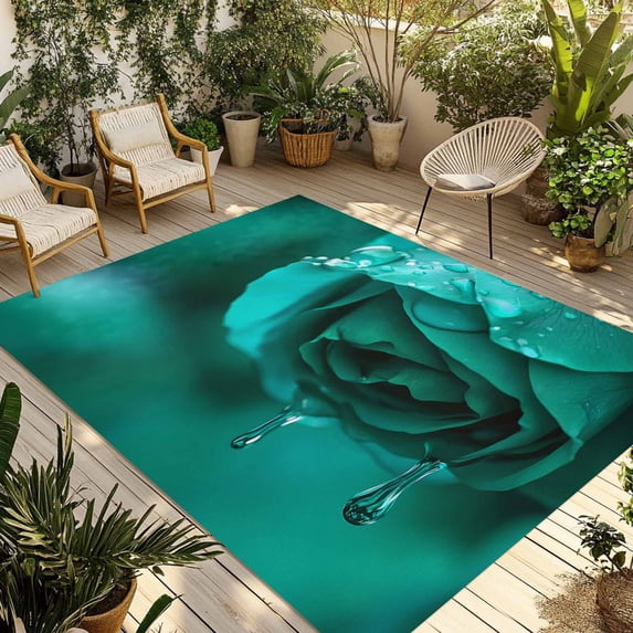 Green Rose Outdoor Rug 3x5 Ft - Reversible Patio Rug Outdoor Camping Rugs, Elegance Fantasy Flowers Romantic Washable Indoor Outdoor Area Rugs, Non-Slip Outdoor Carpet Runner for Deck/Porch