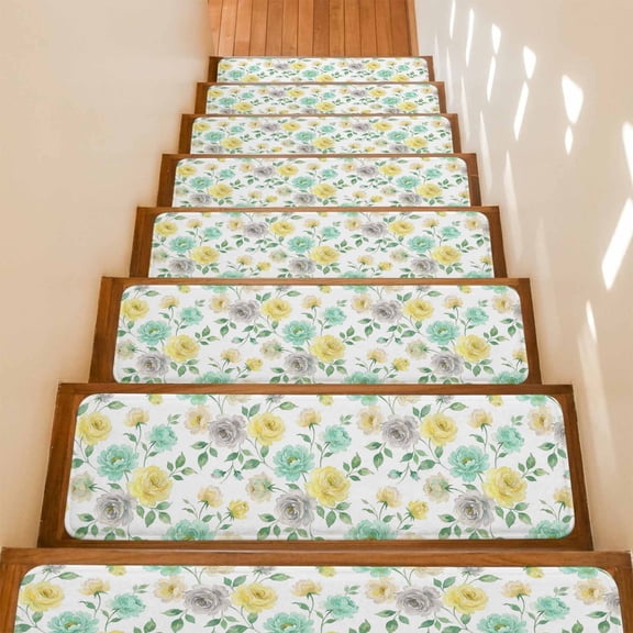 Green Roses Non-Slip Stair Treads for Wooden Steps, 15 Pack 8x30 Inches Carpet Stair Mats with Adhesive Backing, Noise-Reducing Step Covers for Indoor Stairs, Easy to Install & Residue-Free