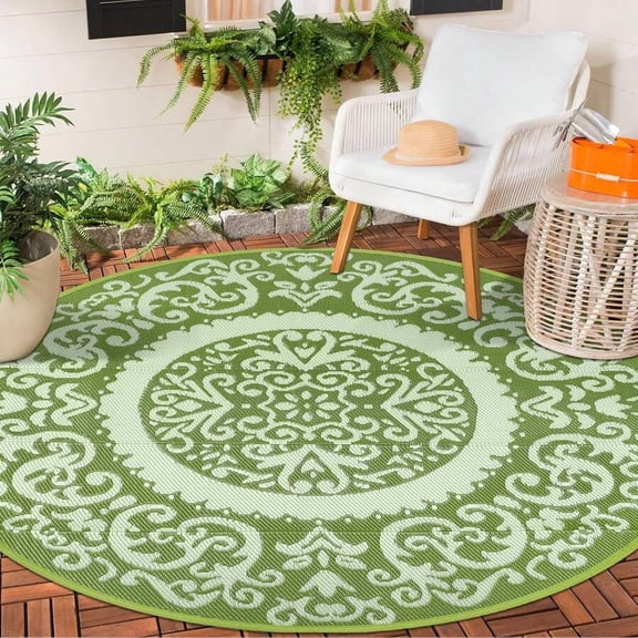 Green Round Outdoor Patio Rug 6Ft Waterproof Reversible Plastic Straw Mat For Deck Porch Garden