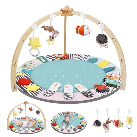 PRVAETU Wooden Baby Gym Play Mat, Foldable Tummy Time Playmat W/ 7 Detachable Toys for Infant Newborn Toddler Motor Skills Sensory Development,Green