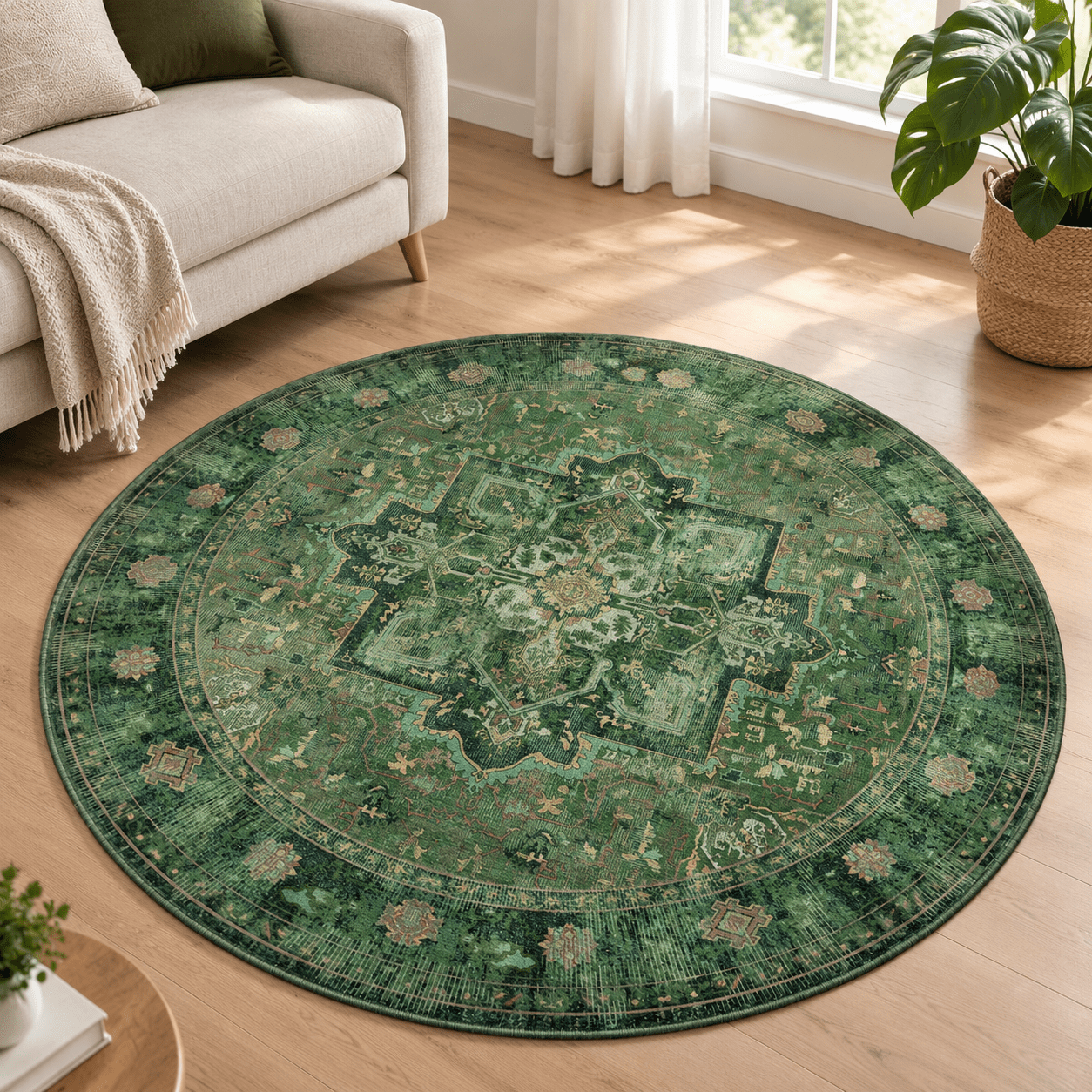 Green Round Rugs 6ft For Living Room Washable Non Slip Low Pile Thin 6 ...