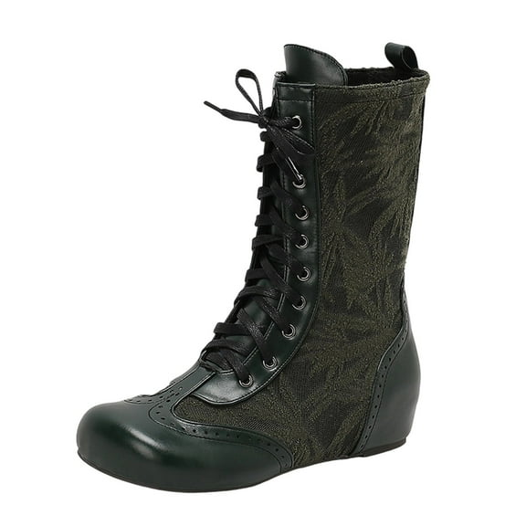 Green Round Toe Mid Calf Boots For Women With Lace-Up Design Flat Sole And Versatile Style For Winter Casual Wear