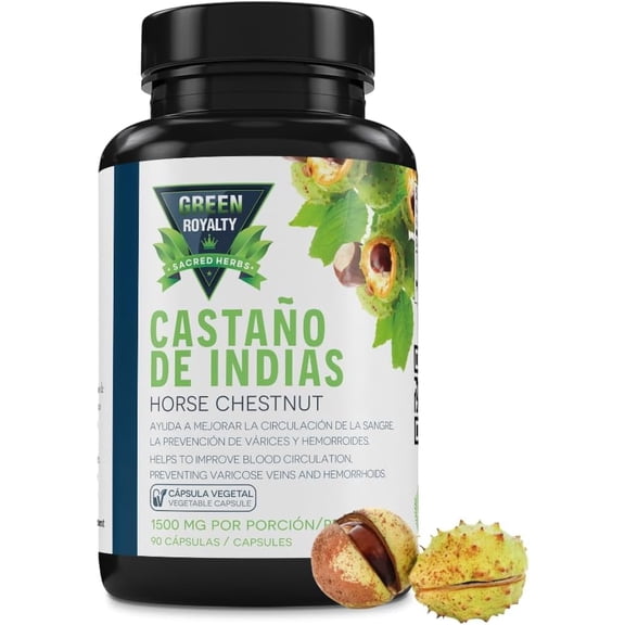 Green Royalty Castao de Indias (Horse Chestnut) Supplement, 90 Vegetable Capsules  1500 mg per Serving- Vegan, Non-GMO, Made in USA