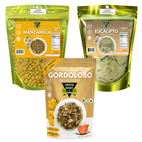 Green Royalty Herbal Tea Collection 3-Pack Chamomile Flowers, Mullein Flower & Eucalyptus Leaves Herbal Tea, Loose Leaf Natural Infusions, Caffeine Free, 4 oz Each (12 oz Total)