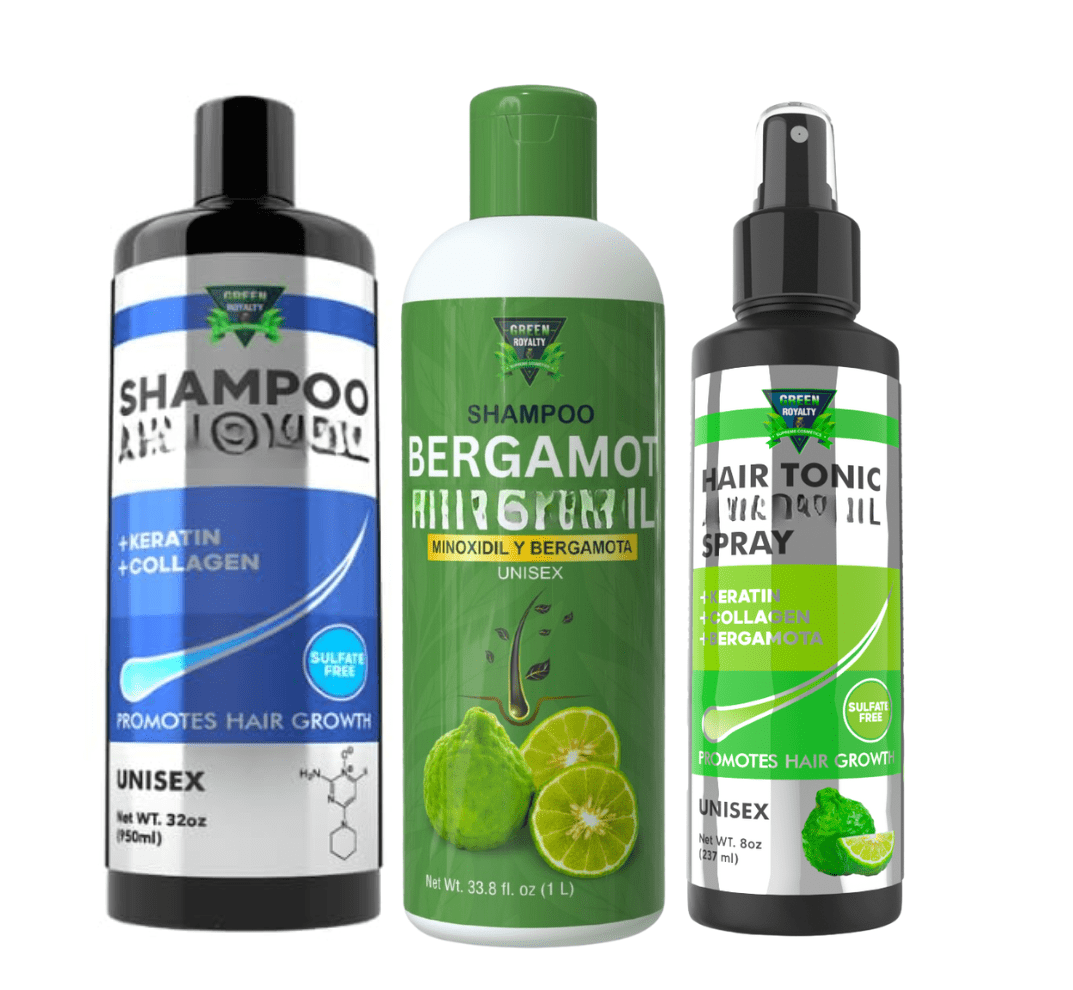 Green Royalty Mino Hair Care System – Shampoo with Keratin & Collagen, Bergamot Mino Shampoo & Hair Tonic Spray, Unisex, 3-Piece Set