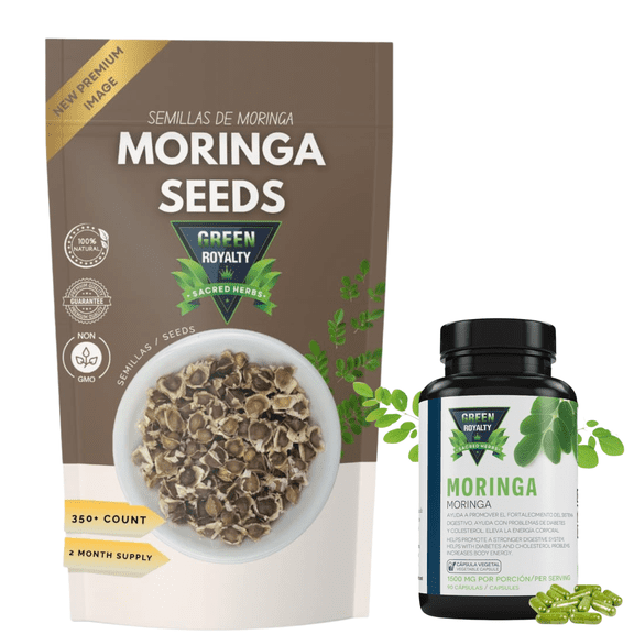 Green Royalty Moringa Seeds (350+ Count) & Moringa Capsules 1500 mg Natural Moringa Combo Pack, Non-GMO, 2-Month Supply
