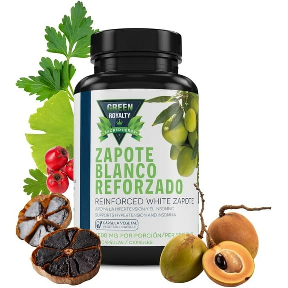 Green Royalty Reinforced White Zapote – Natural Herbal Formula with Ginkgo Biloba, Hawthorn Berry, Black Garlic & Parsley Leaf, 1500mg, 90 Capsules