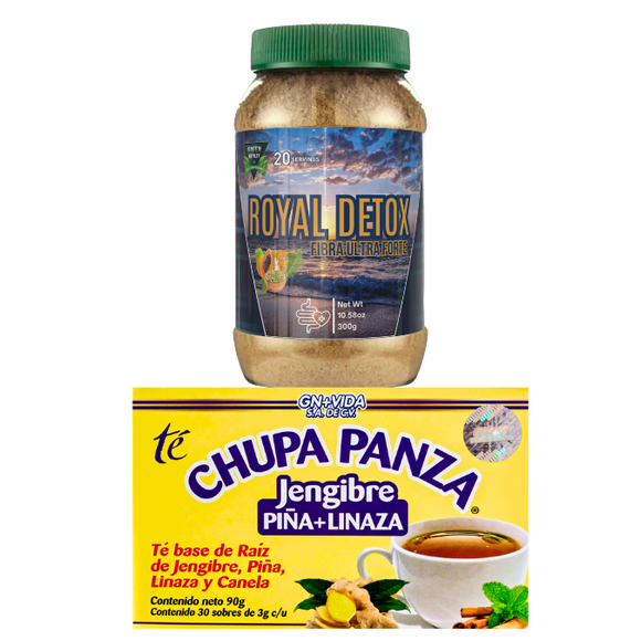 Green Royalty Royal Detox Fiber Supplement 300g & Chupa Panza Ginger Pineapple Flaxseed Tea 30ct Bundle