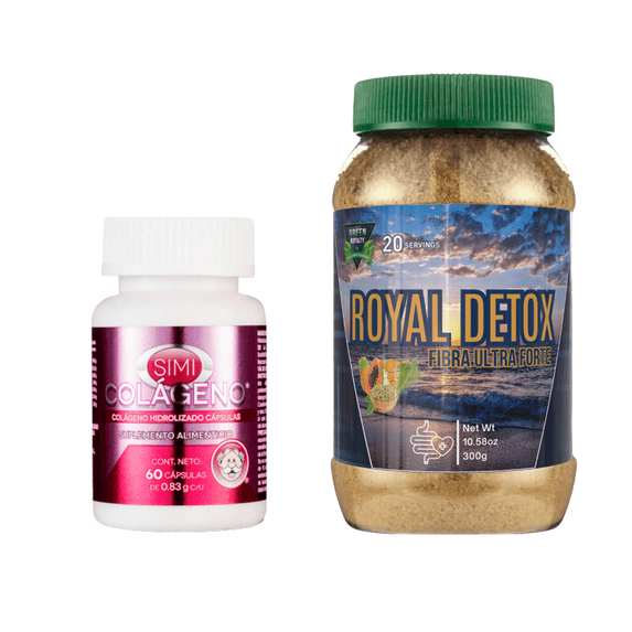 Green Royalty + Simi Colageno Capsules & Fiber Detox Powder Combo, 60ct + 300g - Unisex - Supports Overall Health
