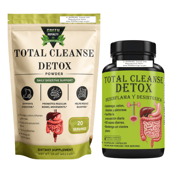 Green Royalty Total Cleanse Detox Bundle Powder Supplement 16 oz & Vegetable Capsules 90 Count, Daily Wellness and Digestive Support Formula, Convenient Powder and Capsule Combination