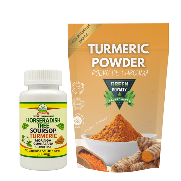 Green Royaty Turmeric Powder 8oz, 3-in-1 Capsules 90 Count, Moringa, Soursop, Turmeric, Combo