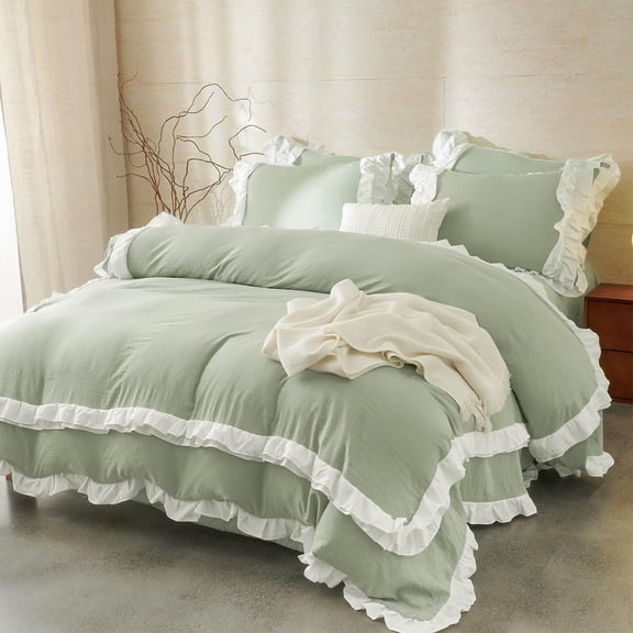 Green Ruffle Duvet Cover Queen 3Pcs Shabby Chic Farmhouse Bedding Set Girls 100% Washed Microfiber Duvet Cover Set Boho Vintage Ruffled Bedding with 2 Pillowcases(No Comforter)