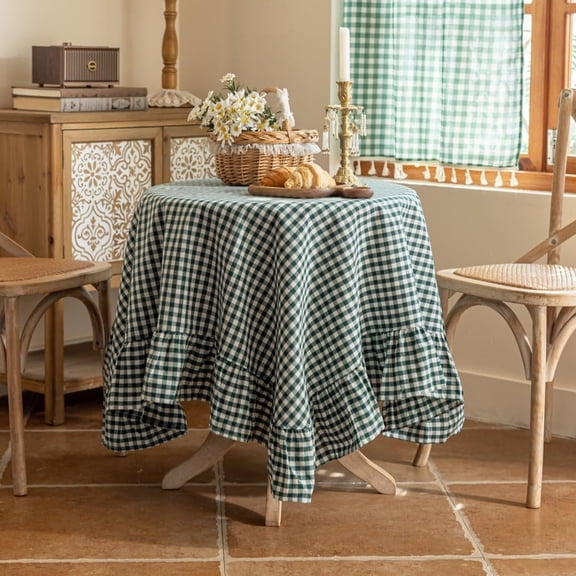 Green  Ruffled Table Cover Linen Square Gingham Tablecloth Classic   Checkered Table Cover Decorative Buffalo  for  Holiday Party 55 x 55Inches