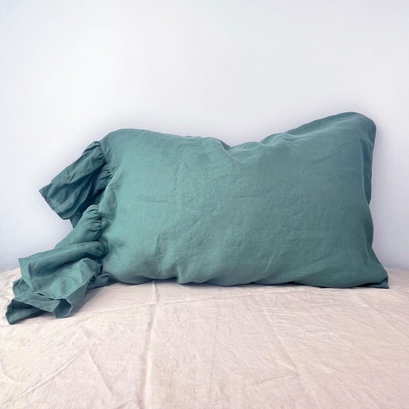 Green Ruffles Linen Pillowcase, 100% French Linen Pillow Cover, Queen Size 1 Piece Farmhouse Shabby Chic Pillow Case, 20''x30'' Pillowcase with Decorative Ruffle Envelope Closure