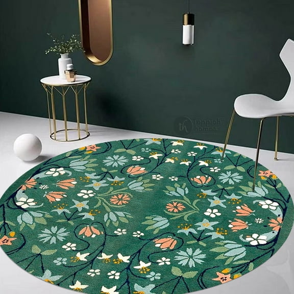 Green Rug 5x5, Floral Area Rugs, Wool Carpet, Living, Bed, Room Round Carpet