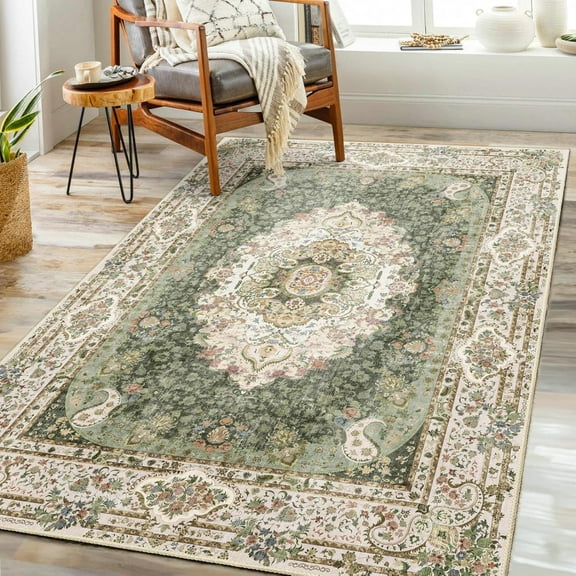 Green Rug,Washable Area Rugs For Bedroom Living Room Kitchen Entryway Boho Vintage Bohemian Distressed Non Slip Carpet,Floral 1x2ft