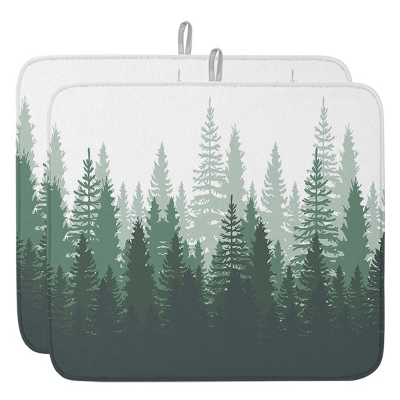 Green Rustic Forest Dish Drying Mat, Misty Pine Trees Silhouette Absorbent Dish Drying Matt Pad for Kitchen Countertops,Sinks,Dish Drainer Racks, Small 16x18inx2 Pcs,