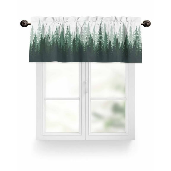 Green Rustic Forest Kitchen Valances for Windows Misty Pine Trees Silhouette Valance Curtains for Kitchen /Living Room/Bedroom/ Bathroom Decor, 54"x18 " ,Rod Pocket 1 Panel,