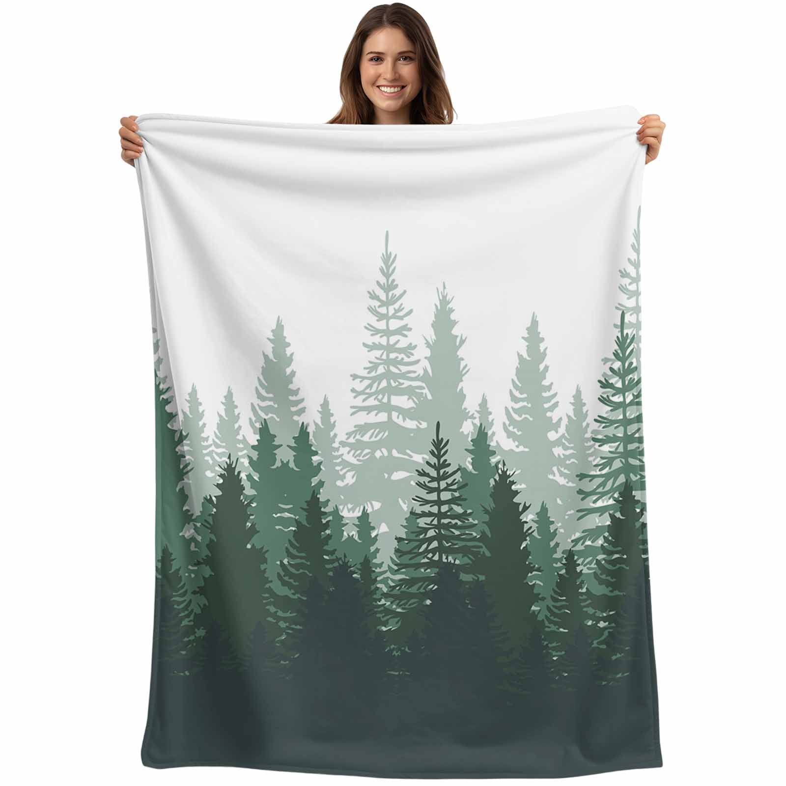 Green Rustic Forest Throw Blankets, Misty Pine Trees Silhouette Soft ...