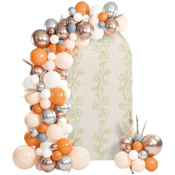 Green Rustic Leaves Arch Backdrop Cover 6.6Ft, Wedding Arch Covers Stretchy Backdrop, Farmhouse Orange Vine Leaf Pastoral Biege Fitted 2 Sided Arched Photo Background for Birthday Party Decorations
