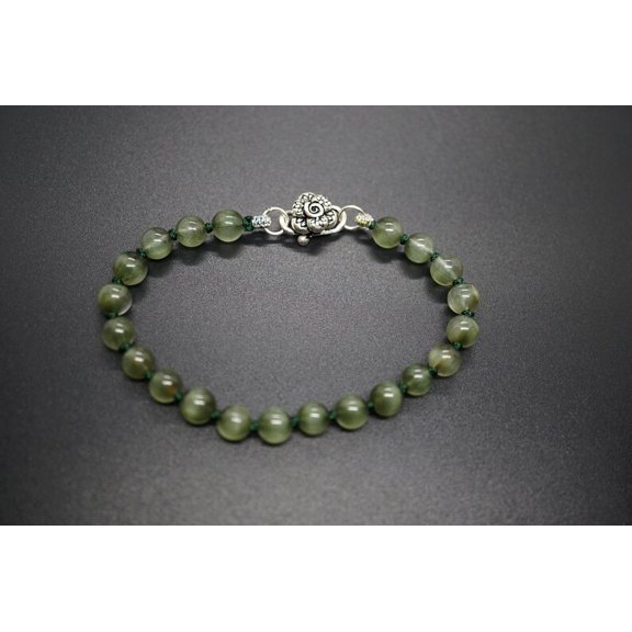 Green Rutilated Quartz 6mm Round Shape Smooth Cut Beads 7 inch Silver Plated Clasp Bracelet for men, women, unisex. Link Chain Stacking Bracelet.|LINK_03579
