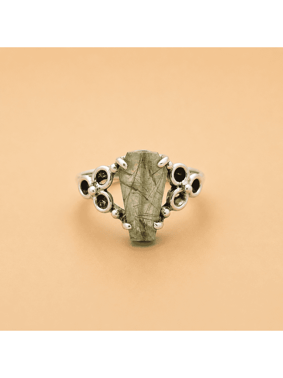 Green Rutilated Quartz Style Coffin Ring, Faux Decorative Crystal Stone, Gothic Boho Statement Inspired Jewelry