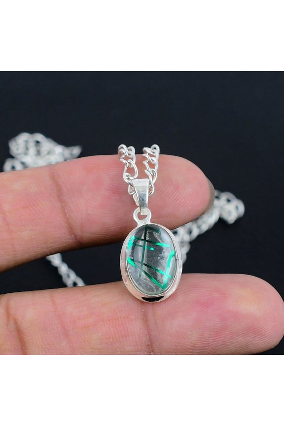 Green Rutile 10x14 Pendant Handcrafted 925 Sterling Silver, Fine Polished, Modern S-Lock Chain, Wedding & Bridal Gift